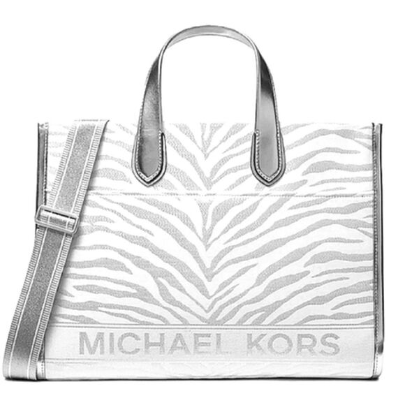 Michael Kors Silver Metallic Gigi Zebra Print Large Grab Tote Bag purse NWT - Picture 1 of 16